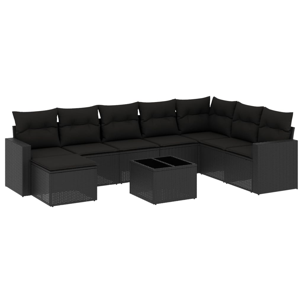 Set Divani da Giardino 9 pz con Cuscini Nero in Polyrattan