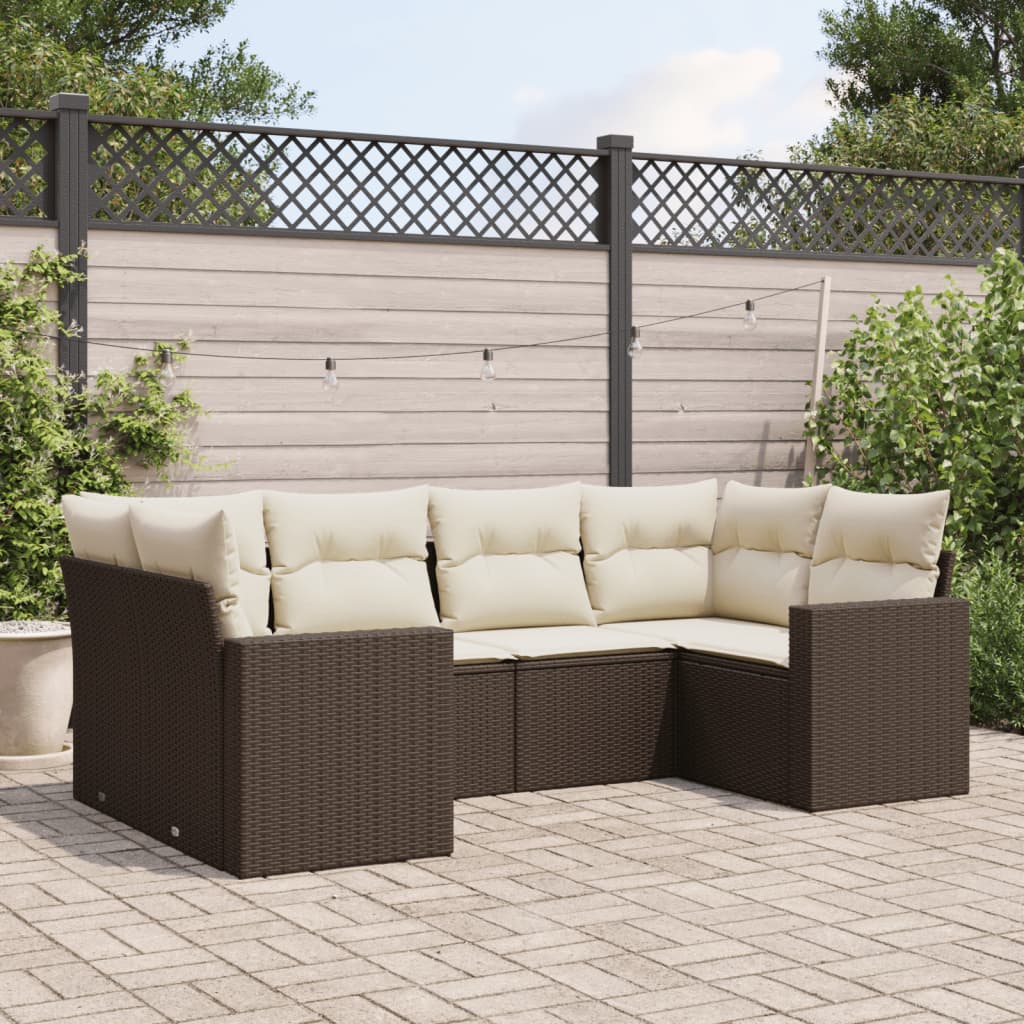 Set Divano da Giardino 6 pz con Cuscini Marrone in Polyrattan