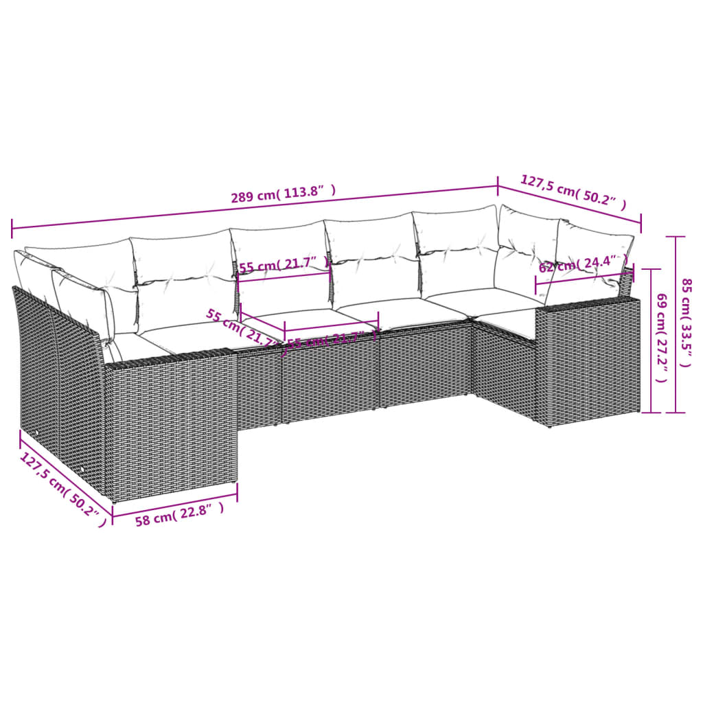 Set Divani da Giardino 7 pz con Cuscini Marrone in Polyrattan