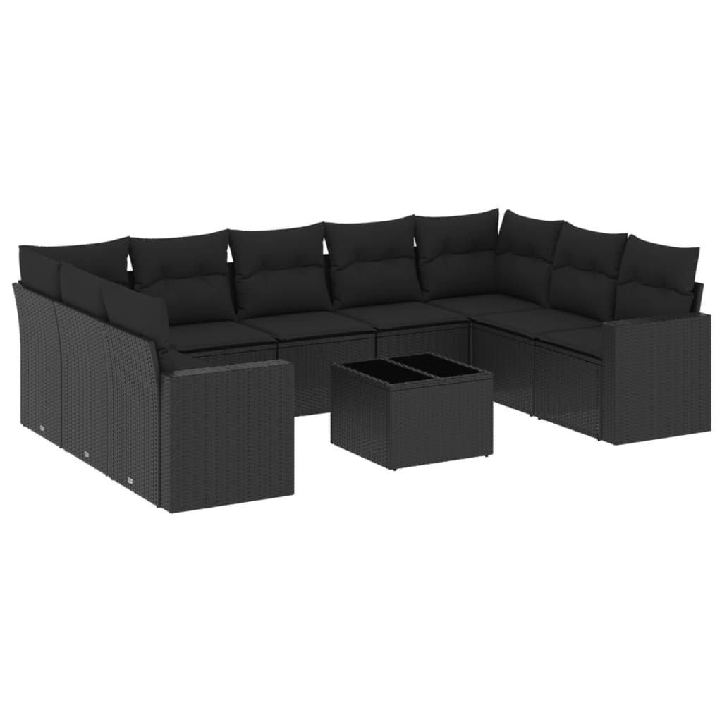 Set Divani da Giardino 10pz con Cuscini in Polyrattan Nero