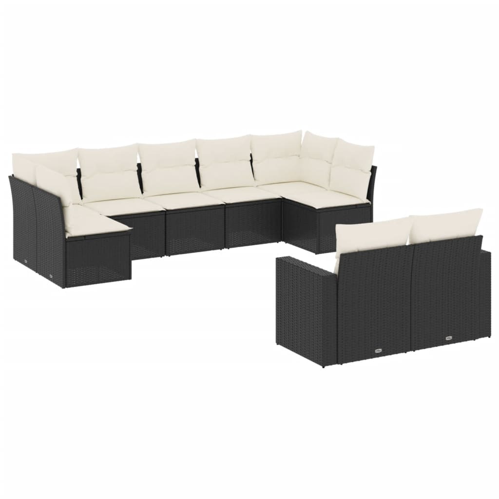 Set Divani da Giardino 9 pz con Cuscini Nero in Polyrattan