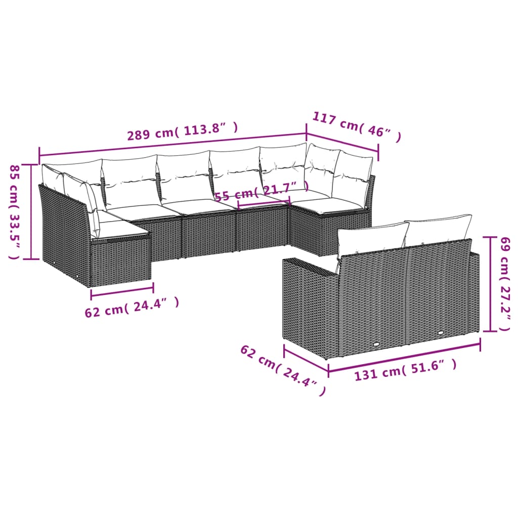 Set Divani da Giardino 9 pz con Cuscini Nero in Polyrattan