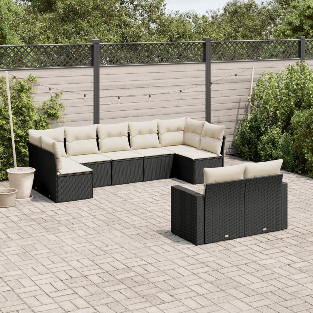 Set Divani da Giardino 9 pz con Cuscini Nero in Polyrattan