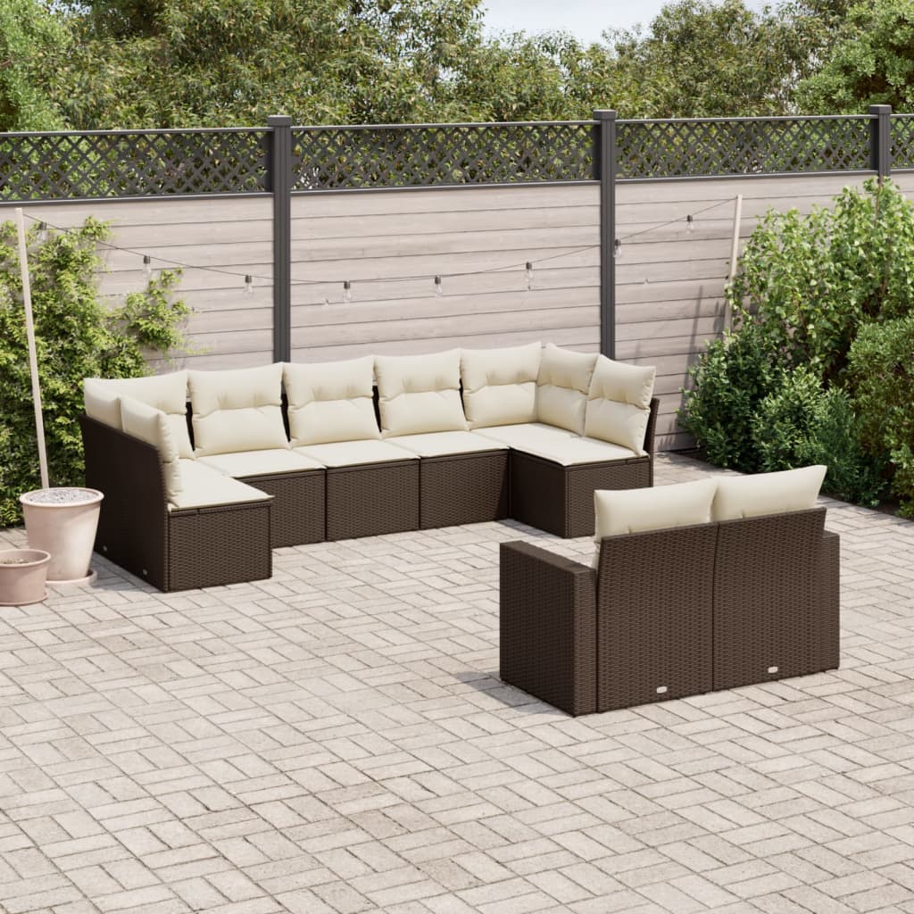 Set Divani da Giardino 9pz con Cuscini Marrone in Polyrattan