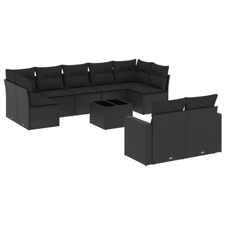 Set Divani da Giardino 10pz con Cuscini in Polyrattan Nero