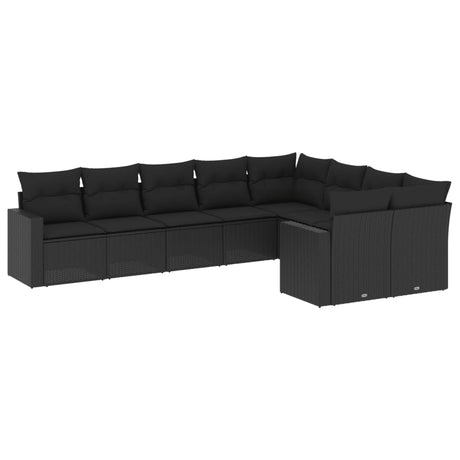 Set Divani da Giardino 9 pz con Cuscini Nero in Polyrattan