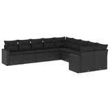 Set Divani da Giardino 10pz con Cuscini in Polyrattan Nero