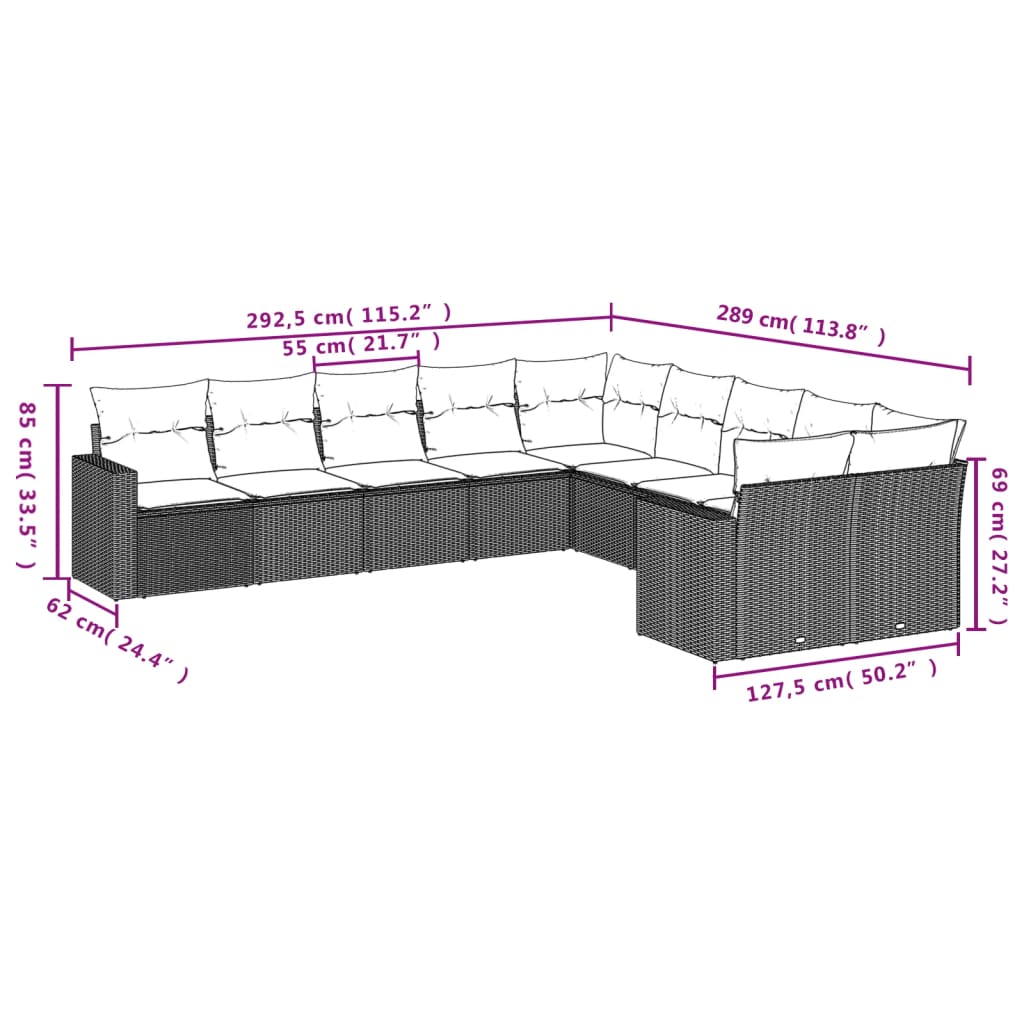 Set Divani da Giardino 10pz con Cuscini in Polyrattan Nero