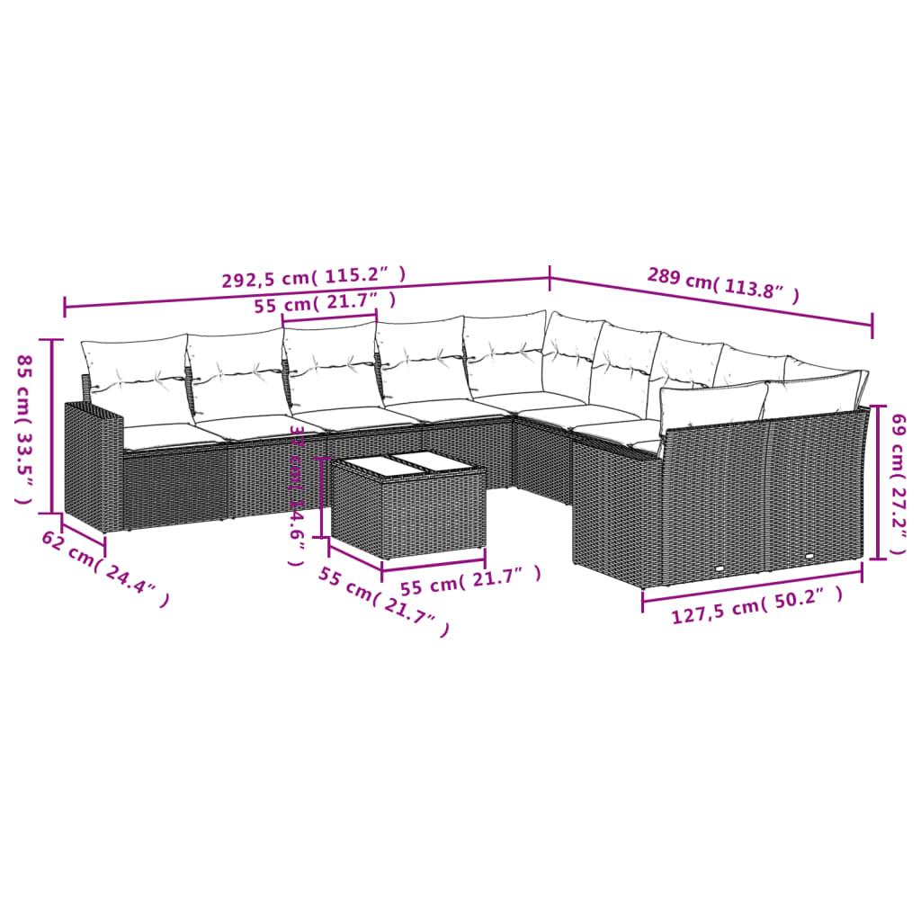 Set Divani da Giardino 11 pz con Cuscini in Polyrattan Nero