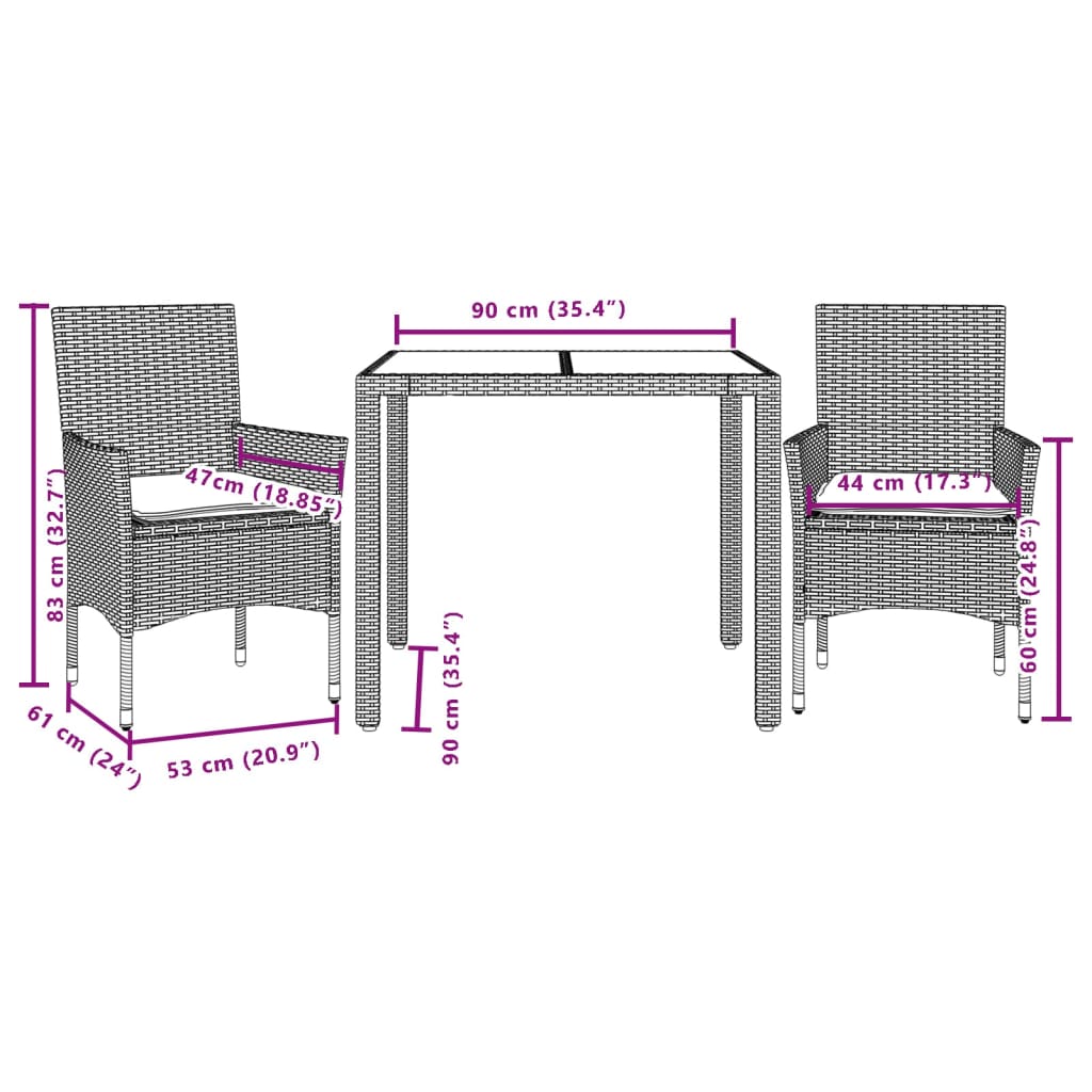 Set da Pranzo da Giardino 3 pz con Cuscini Polyrattan e Vetro