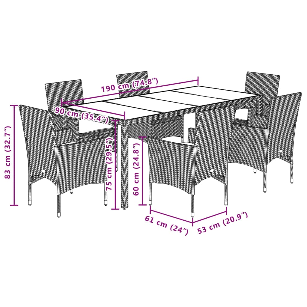 Set Pranzo da Giardino 7 pz Nero con Cuscini Polyrattan Acacia