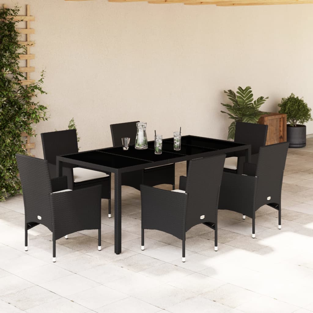 Set Pranzo da Giardino 7 pz Nero con Cuscini Polyrattan Acacia