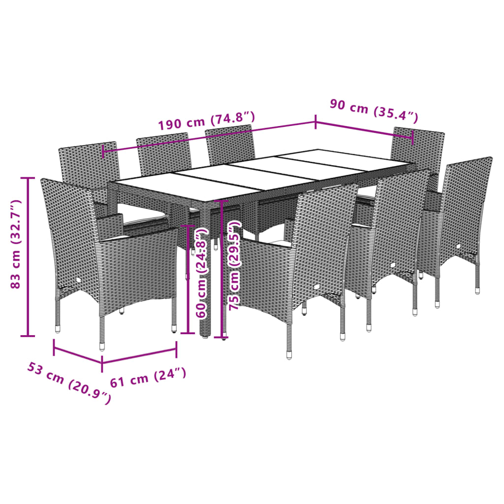 Set da Pranzo da Giardino 9 pz con Cuscini Polyrattan e Vetro