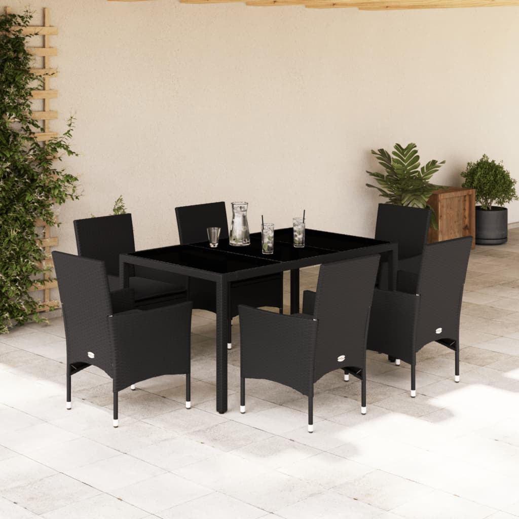 Set Pranzo da Giardino 7 pz Nero con Cuscini Polyrattan Acacia