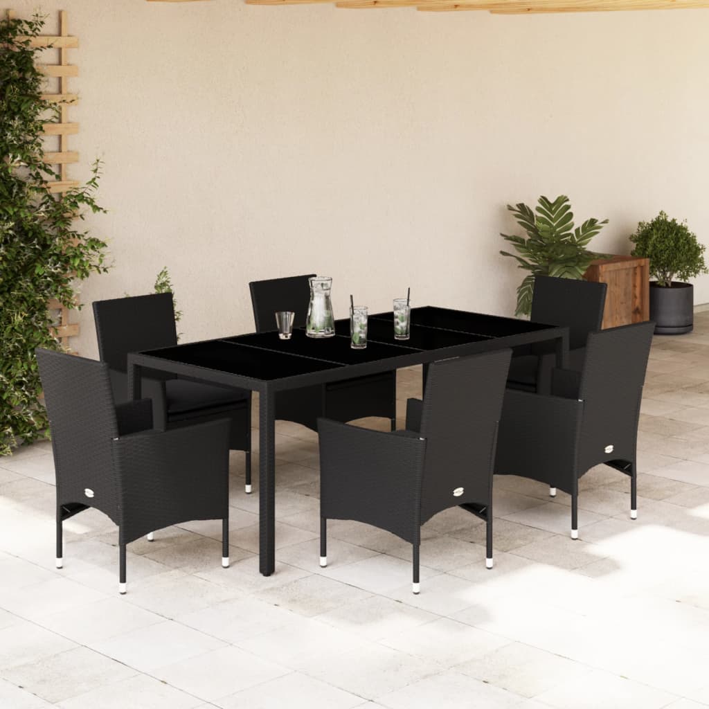 Set Pranzo da Giardino 7 pz Nero con Cuscini Polyrattan Acacia