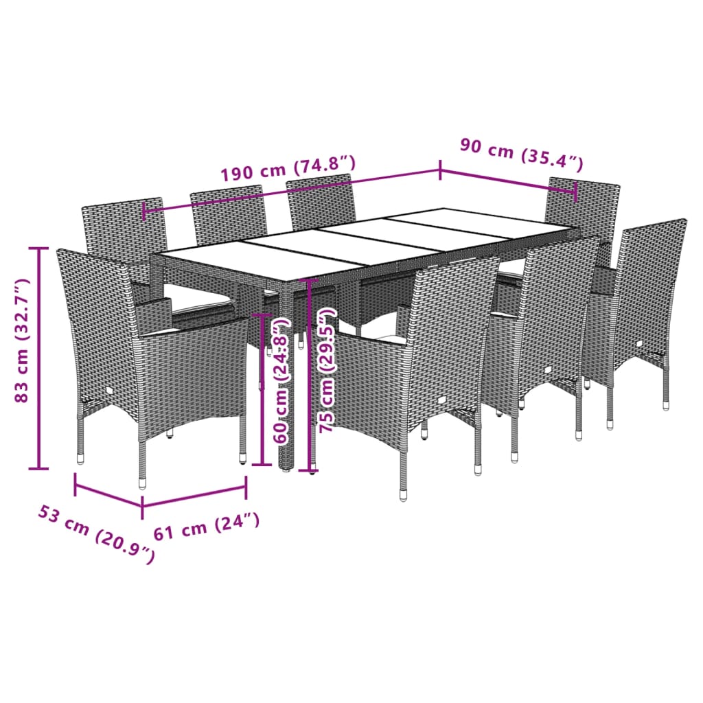 Set da Pranzo da Giardino 9 pz con Cuscini Polyrattan e Vetro