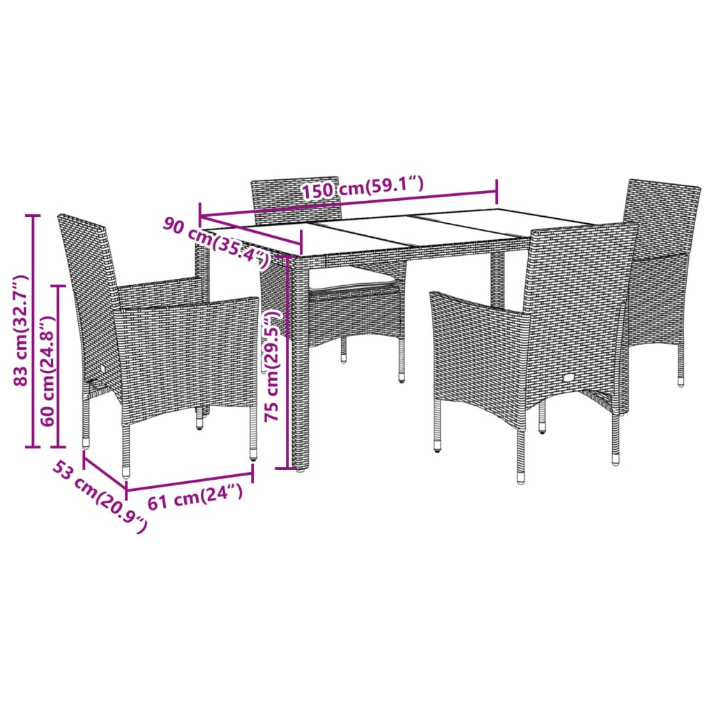 Set da Pranzo da Giardino 5pz con Cuscini Polyrattan e Vetro