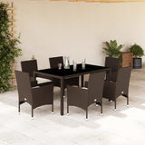 Set Pranzo da Giardino 7pz con Cuscini Marrone Polyrattan Vetro