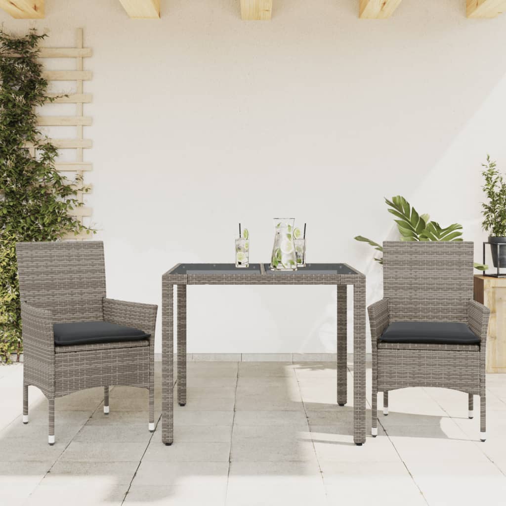 Set da Pranzo da Giardino 3pz con Cuscini in Polyrattan e Vetro