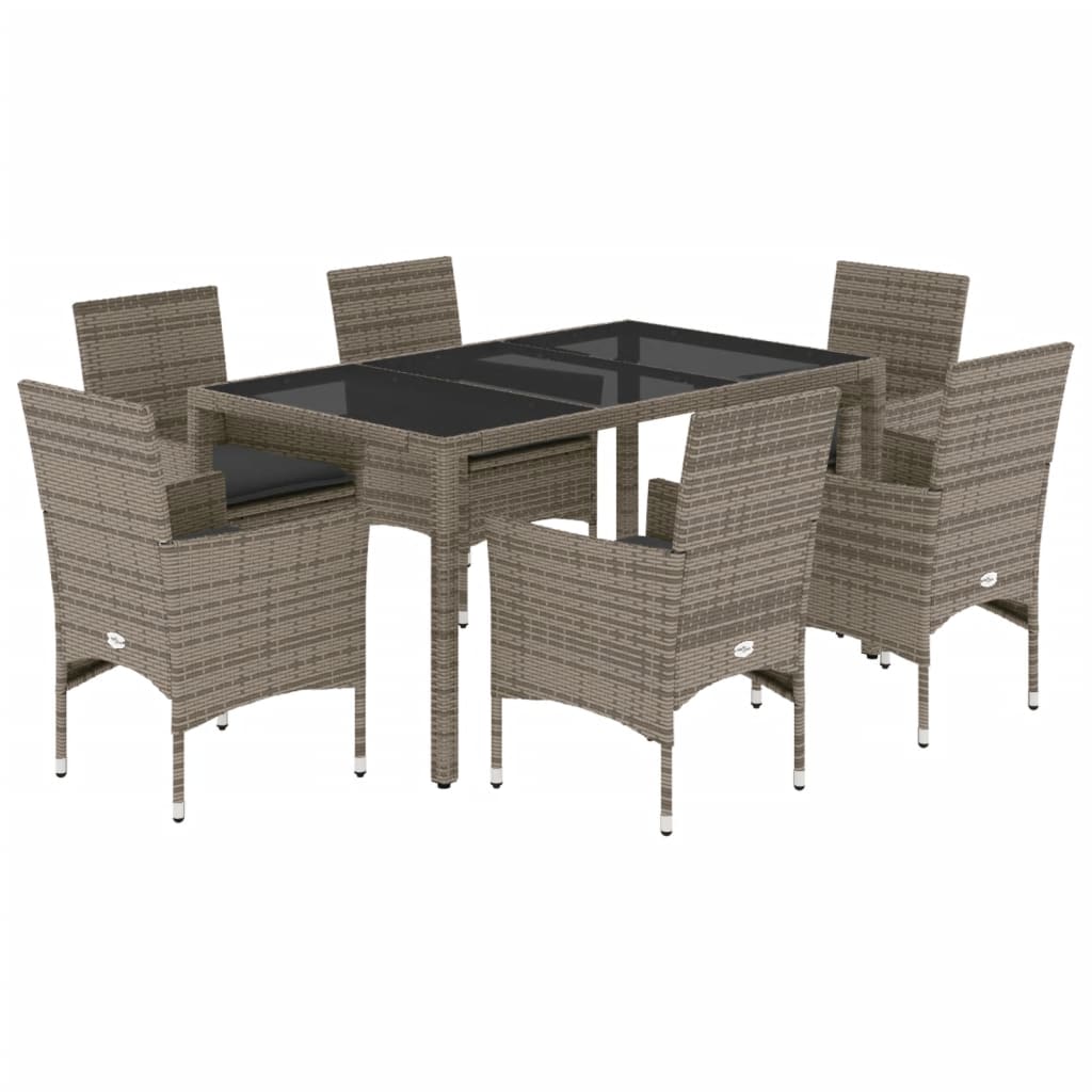 Set da Pranzo da Giardino 7 pz con Cuscini Polyrattan e Vetro