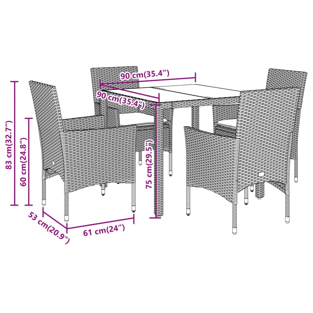 Set da Pranzo da Giardino 5 pz con Cuscini Polyrattan e Vetro