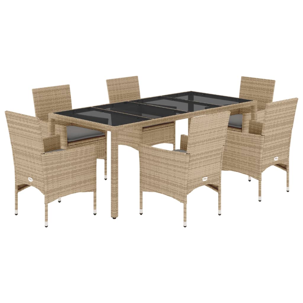 Set da Pranzo da Giardino 7 pz con Cuscini Polyrattan e Vetro