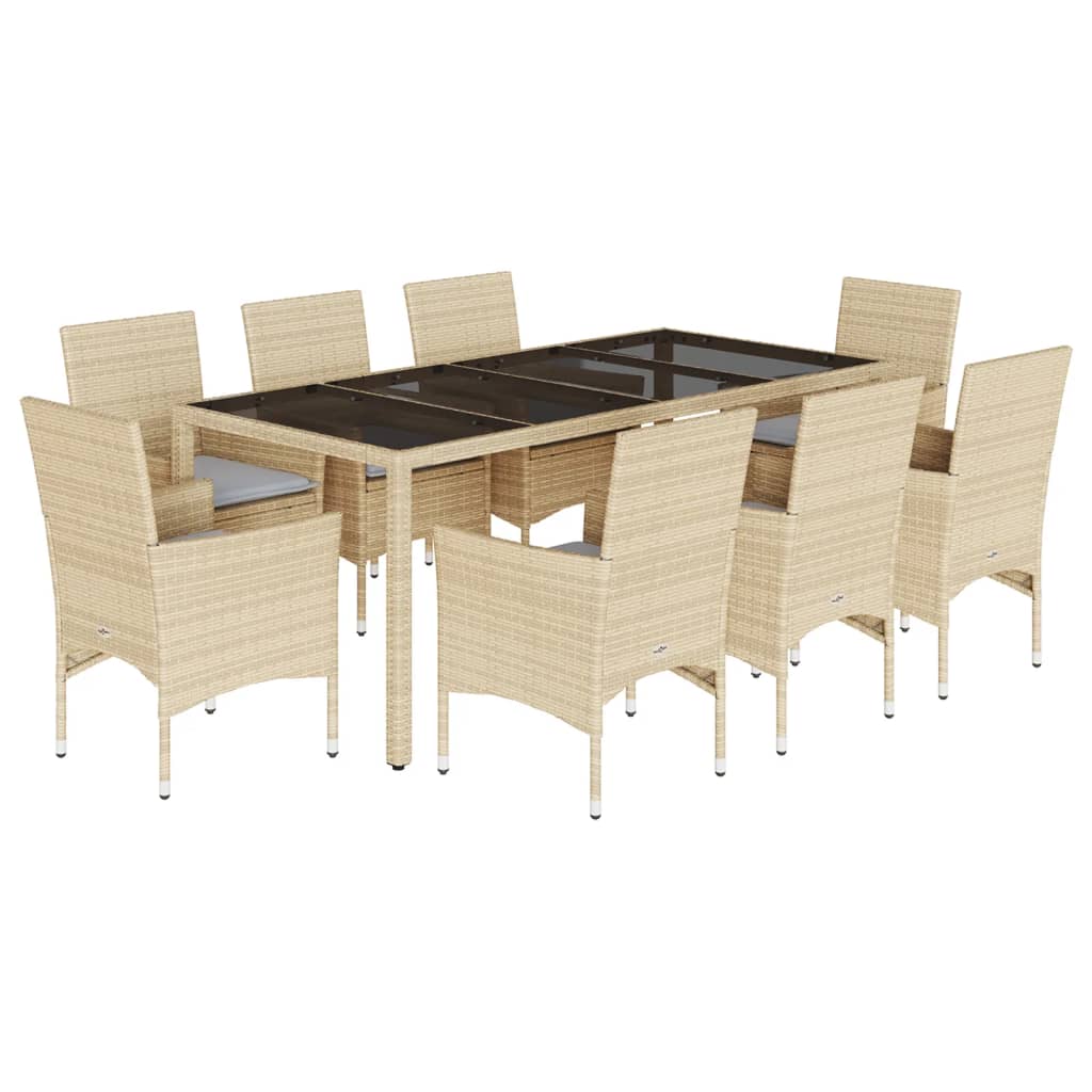 Set da Pranzo da Giardino 9 pz con Cuscini Polyrattan e Vetro