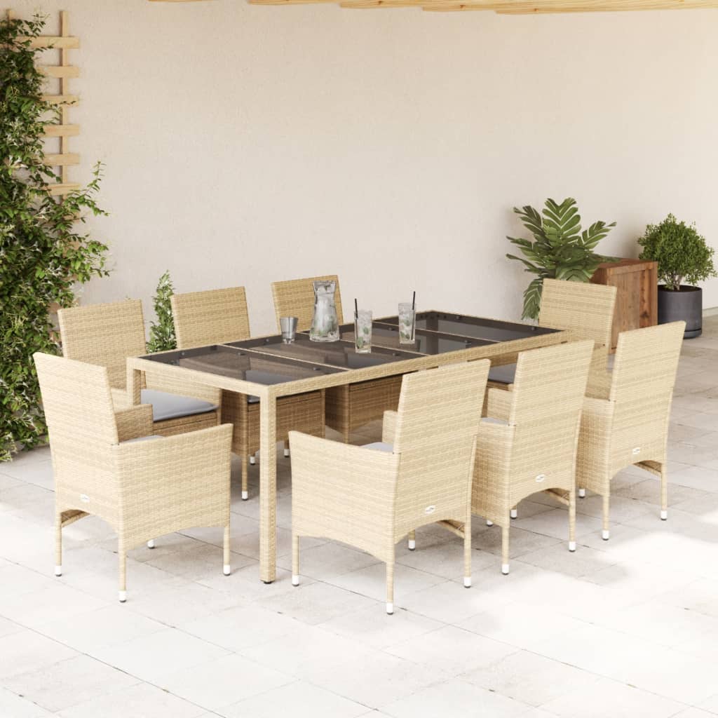 Set da Pranzo da Giardino 9 pz con Cuscini Polyrattan e Vetro