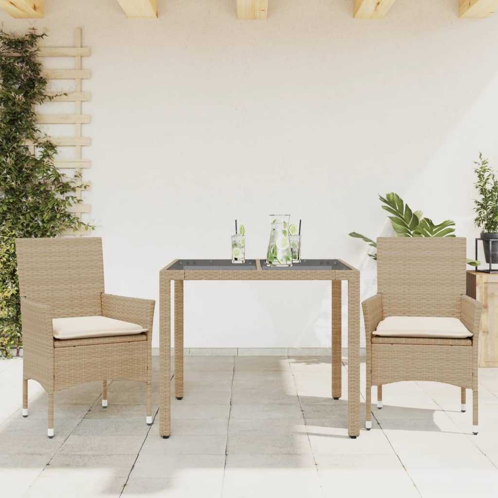 Set da Pranzo da Giardino 3 pz con Cuscini Polyrattan e Vetro