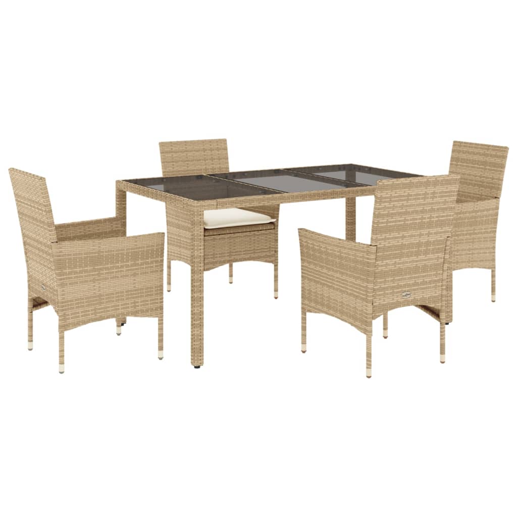 Set da Pranzo da Giardino 5 pz con Cuscini Polyrattan e Vetro