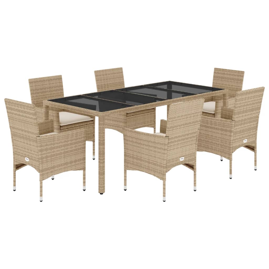 Set da Pranzo da Giardino 7 pz con Cuscini Polyrattan e Vetro