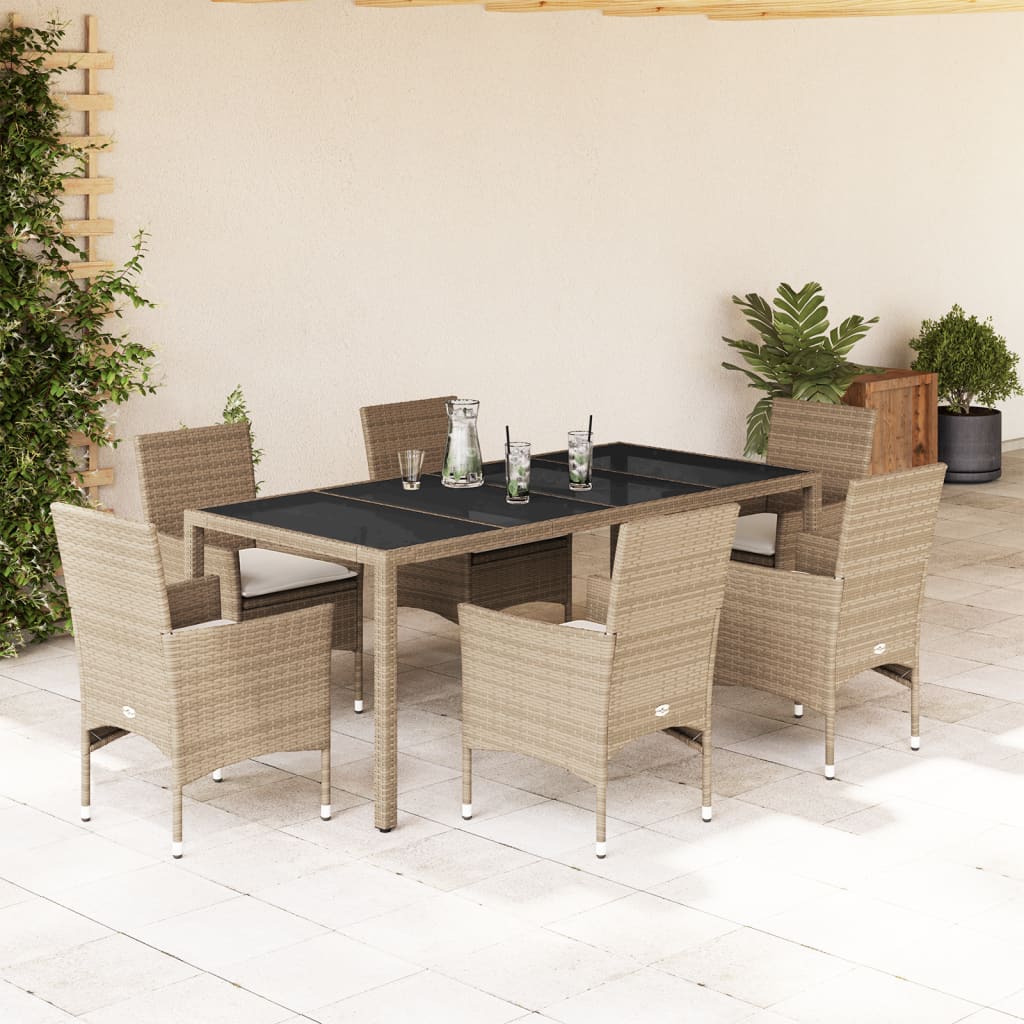 Set da Pranzo da Giardino 7 pz con Cuscini Polyrattan e Vetro