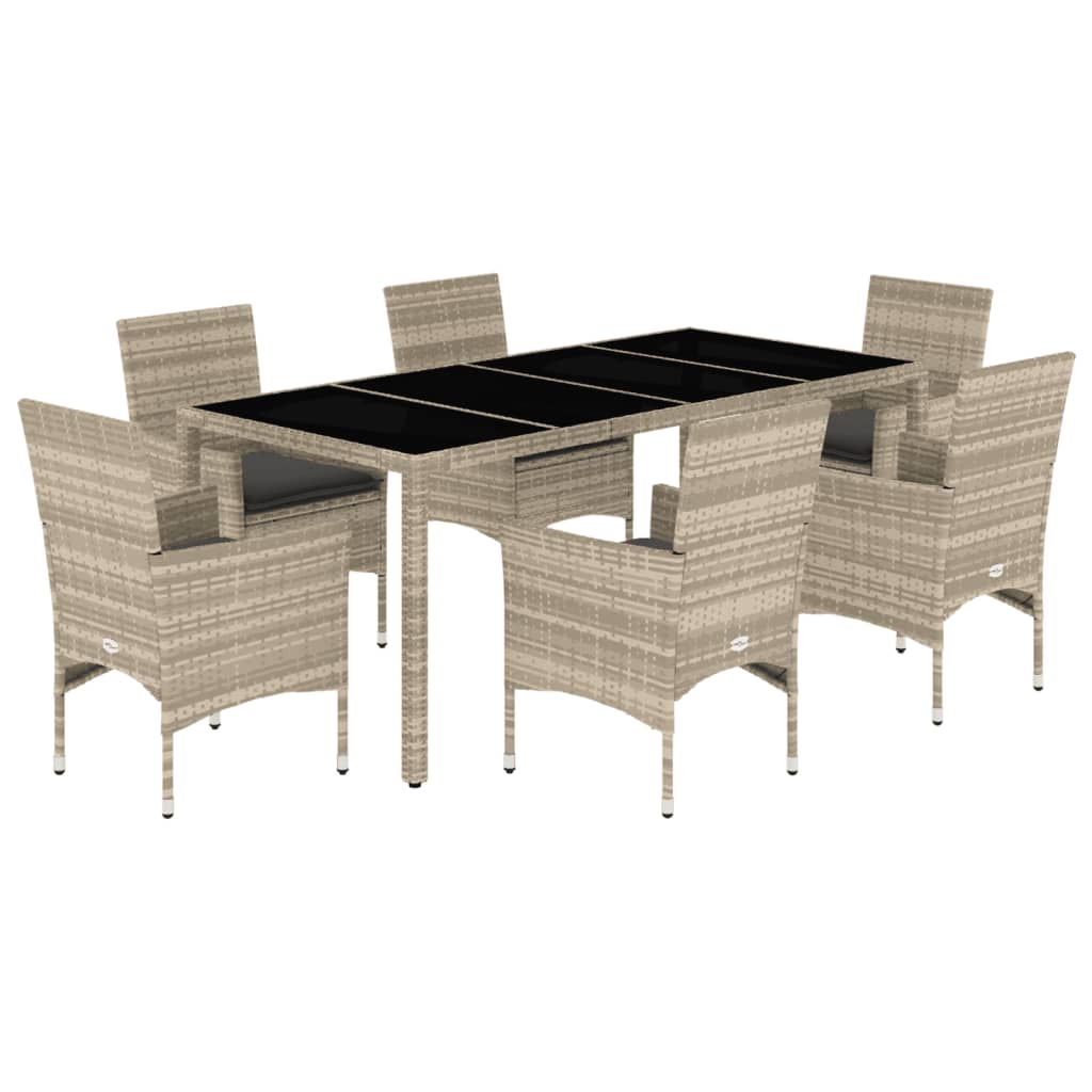 Set Pranzo Giardino 7 pz Cuscini Grigio Chiaro Polyrattan Vetro