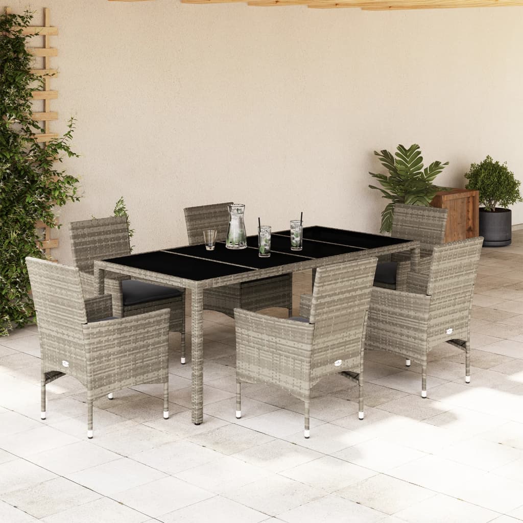 Set Pranzo Giardino 7 pz Cuscini Grigio Chiaro Polyrattan Vetro