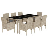 Set Pranzo Giardino 9 pz Cuscini Grigio Chiaro Polyrattan Vetro