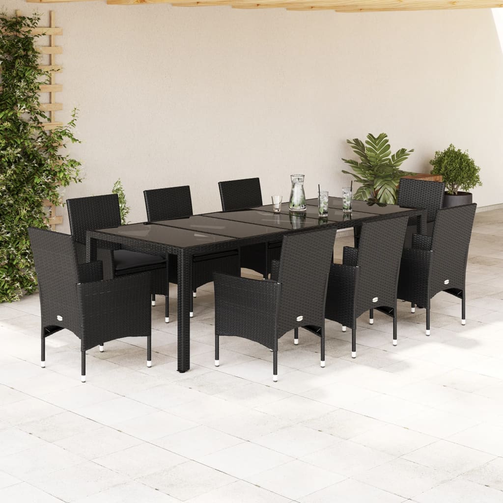 Set da Pranzo da Giardino 9 pz con Cuscini Polyrattan e Vetro