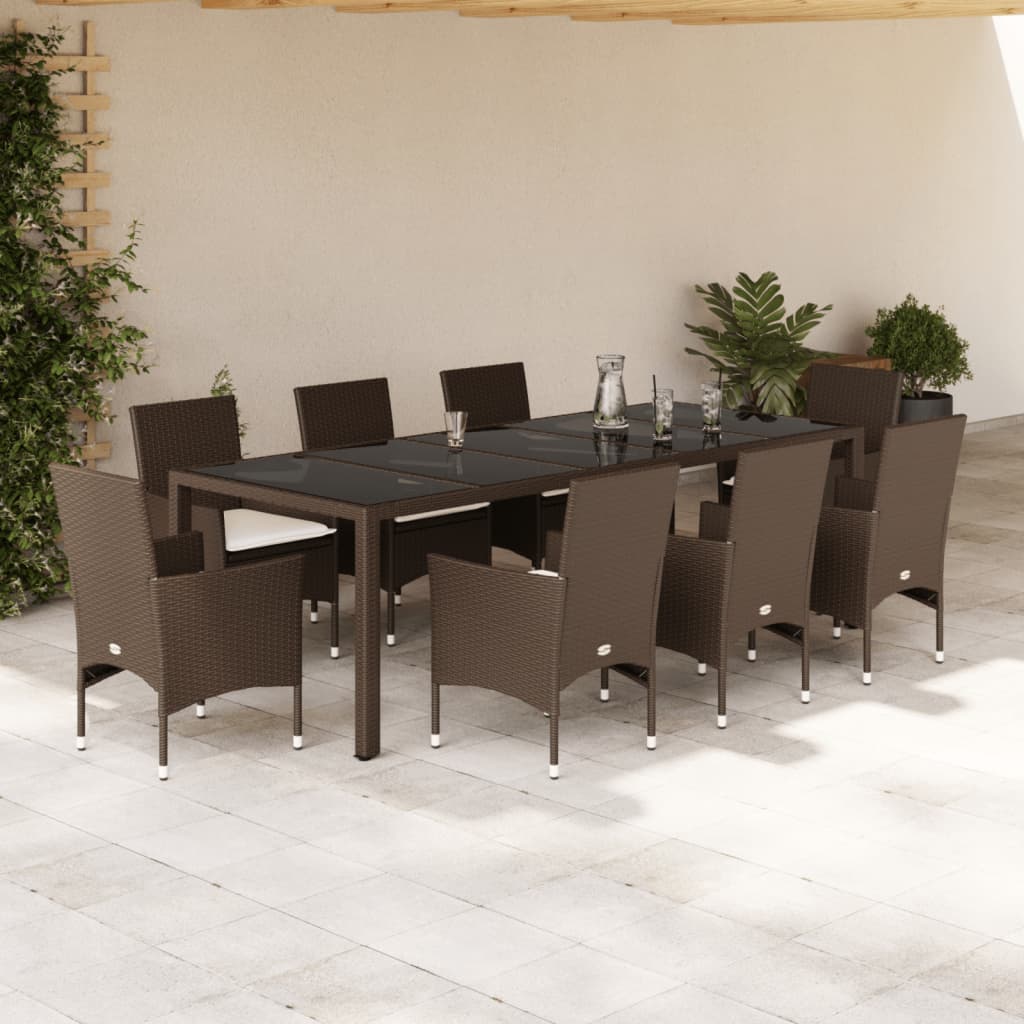 Set da Pranzo da Giardino 9pz con Cuscini Polyrattan e Vetro