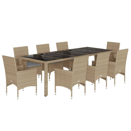 Set da Pranzo da Giardino 9 pz con Cuscini Polyrattan e Vetro