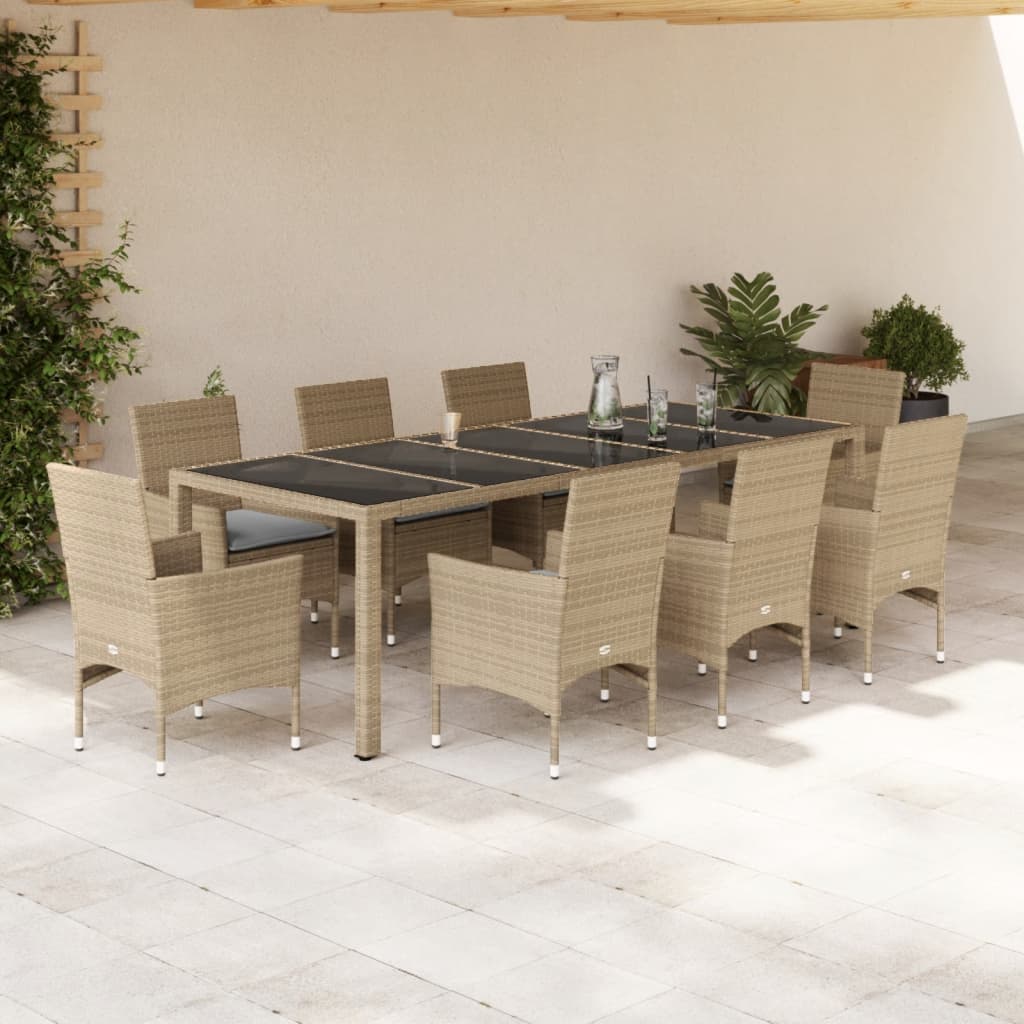 Set da Pranzo da Giardino 9 pz con Cuscini Polyrattan e Vetro