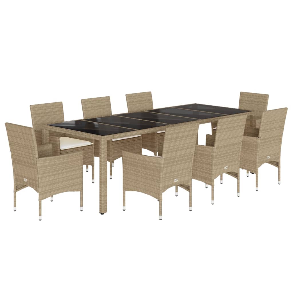 Set da Pranzo da Giardino 9 pz con Cuscini Polyrattan e Vetro