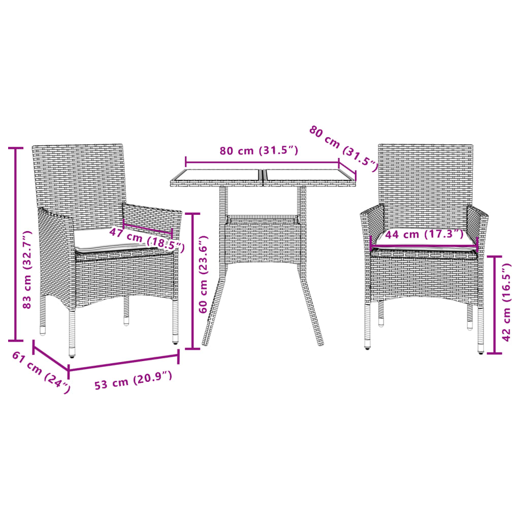 Set da Pranzo da Giardino 3 pz con Cuscini Polyrattan e Vetro