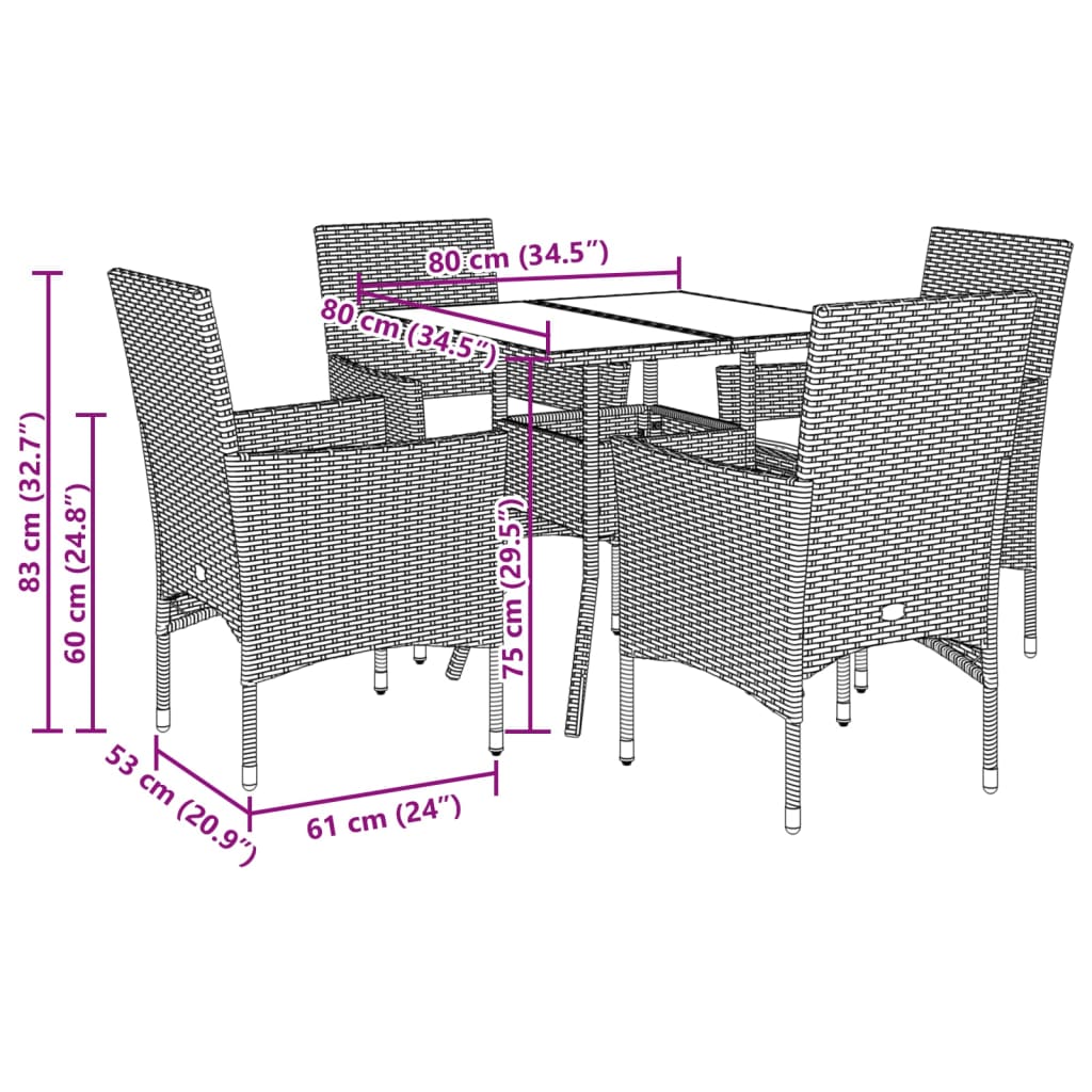 Set da Pranzo da Giardino 5pz con Cuscini Polyrattan e Vetro