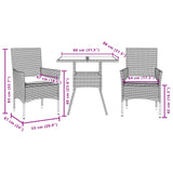 Set da Pranzo da Giardino 3pz con Cuscini in Polyrattan e Vetro