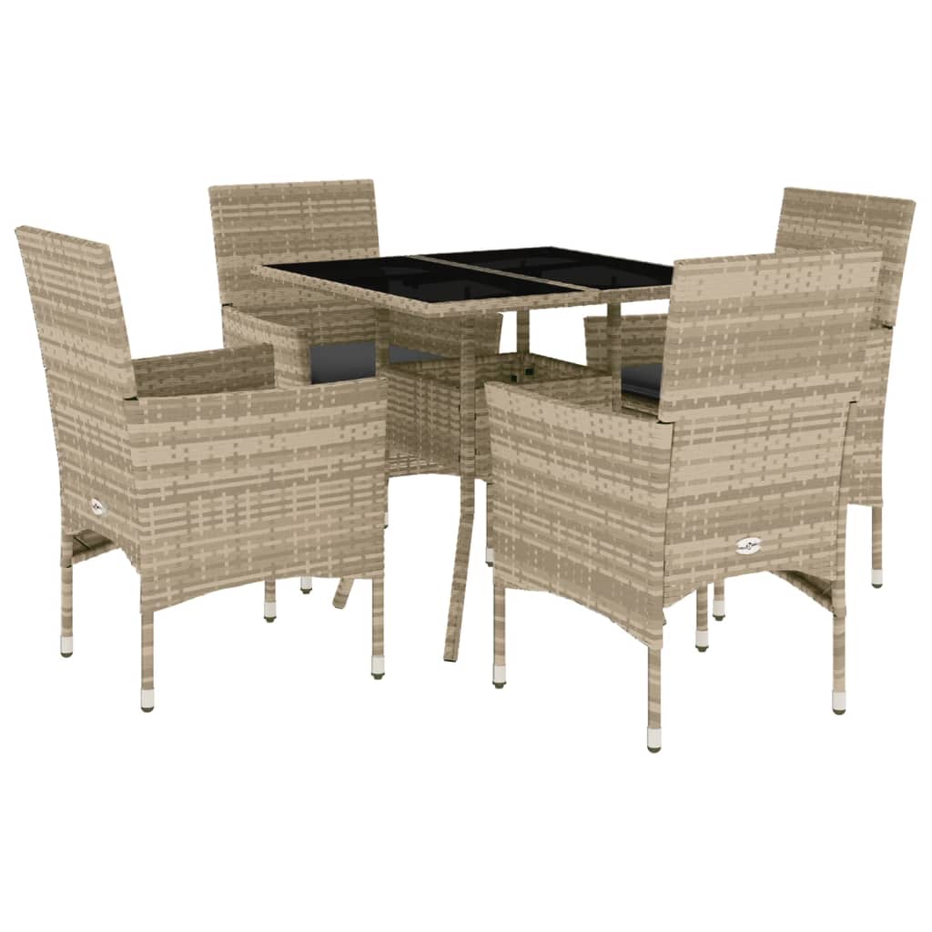 Set Pranzo da Giardino 5pz con Cuscini Polyrattan e Vetro