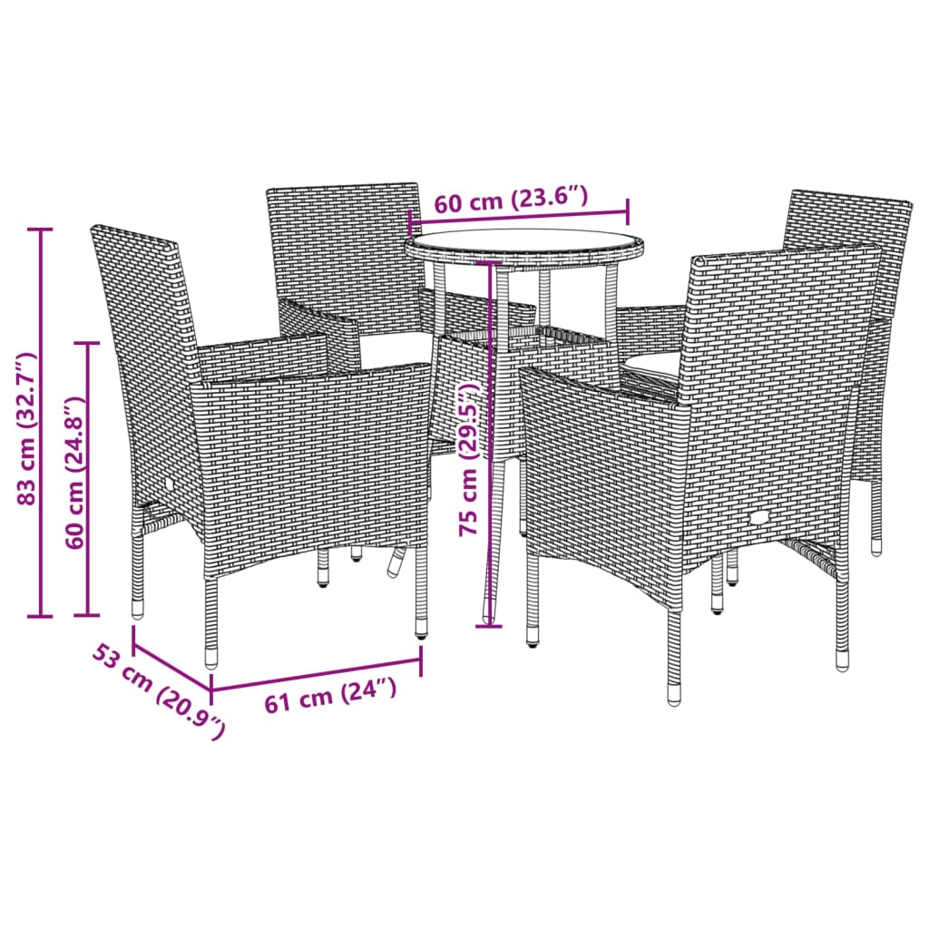 Set da Pranzo da Giardino con Cuscini 5 pz Polyrattan e Vetro