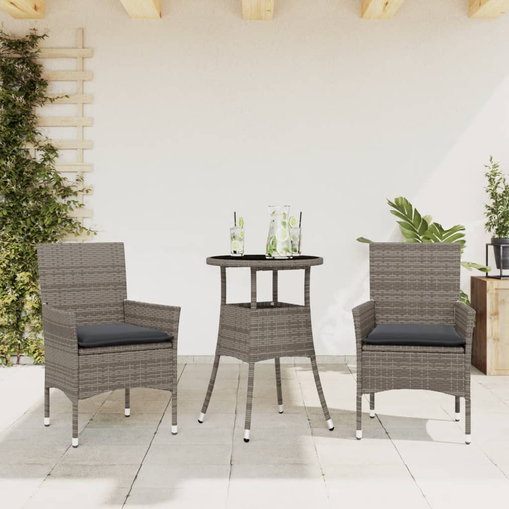 Set da Pranzo da Giardino 3 pz con Cuscini Polyrattan e Vetro