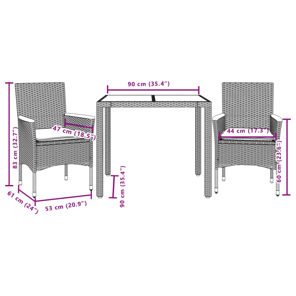 Set Pranzo da Giardino 3 pz con Cuscini Nero Polyrattan Acacia