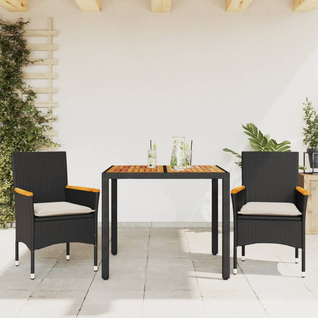 Set Pranzo da Giardino 3 pz con Cuscini Nero Polyrattan Acacia