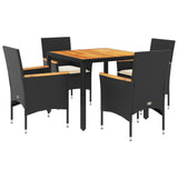 Set Pranzo da Giardino 5 pz con Cuscini Nero Polyrattan Acacia