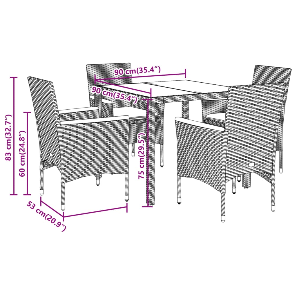 Set Pranzo da Giardino 5 pz con Cuscini Nero Polyrattan Acacia